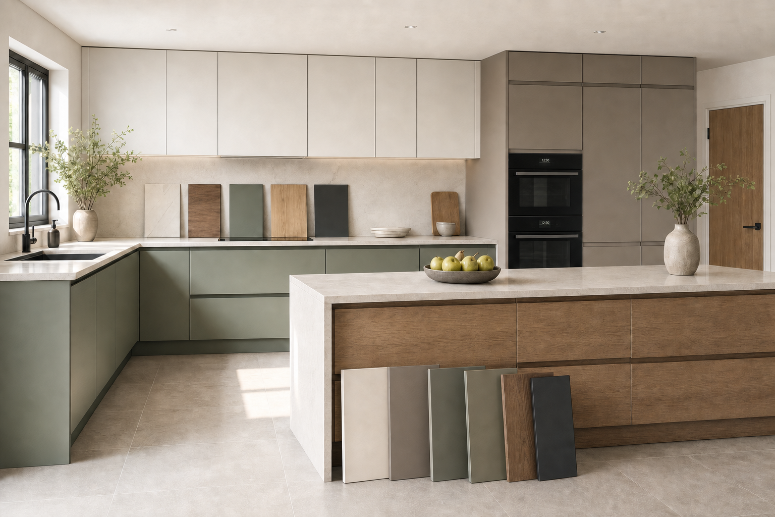 Modern kitchen with an island, green cabinets, wood accents, and various material samples displayed on the worktops.