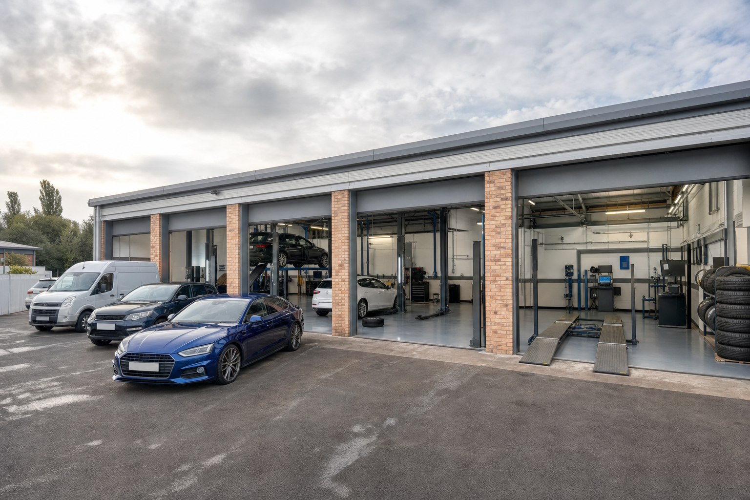 Mechanic garage with open bays and cars parked outside under a cloudy sky.