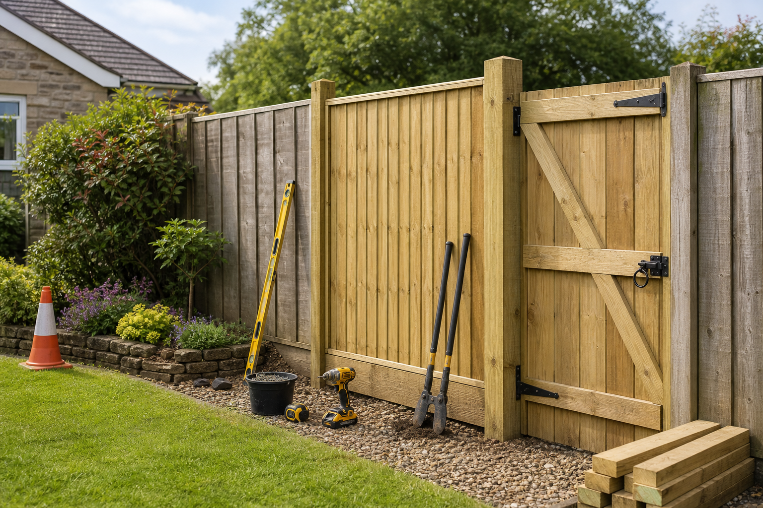 Wooden garden gate with tools and a safety cone on a gravel path near a flower bed.