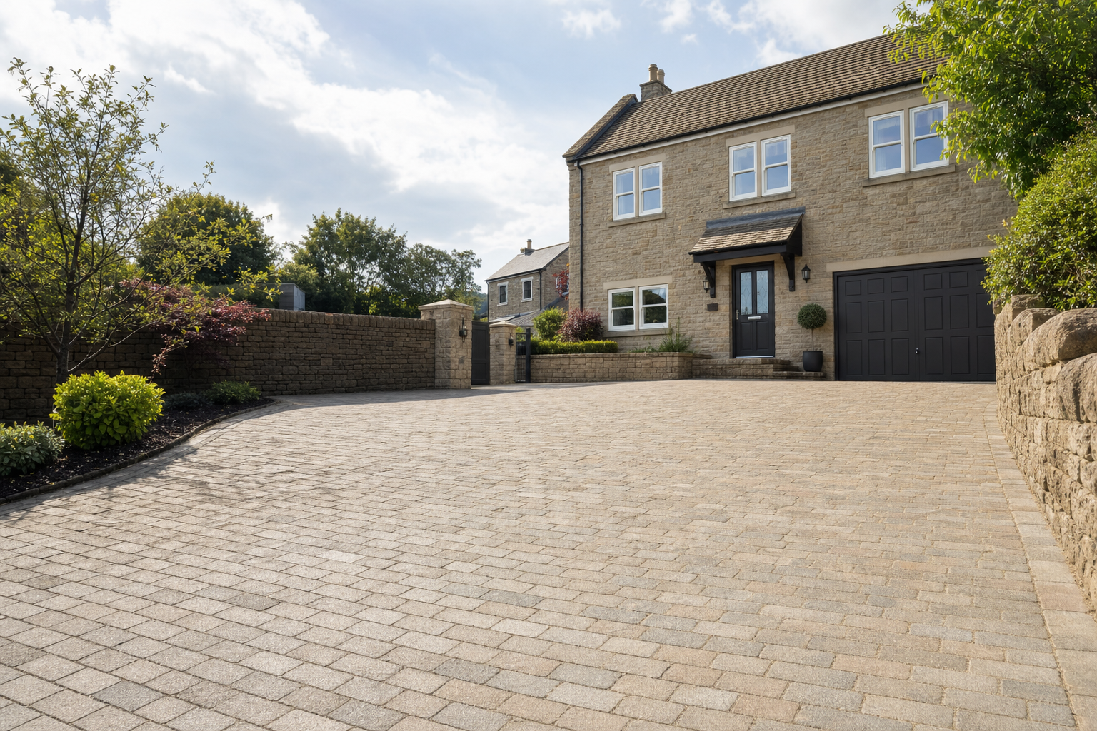 A large stone house with a spacious paved driveway, surrounded by trees and shrubs, under a partly cloudy sky.