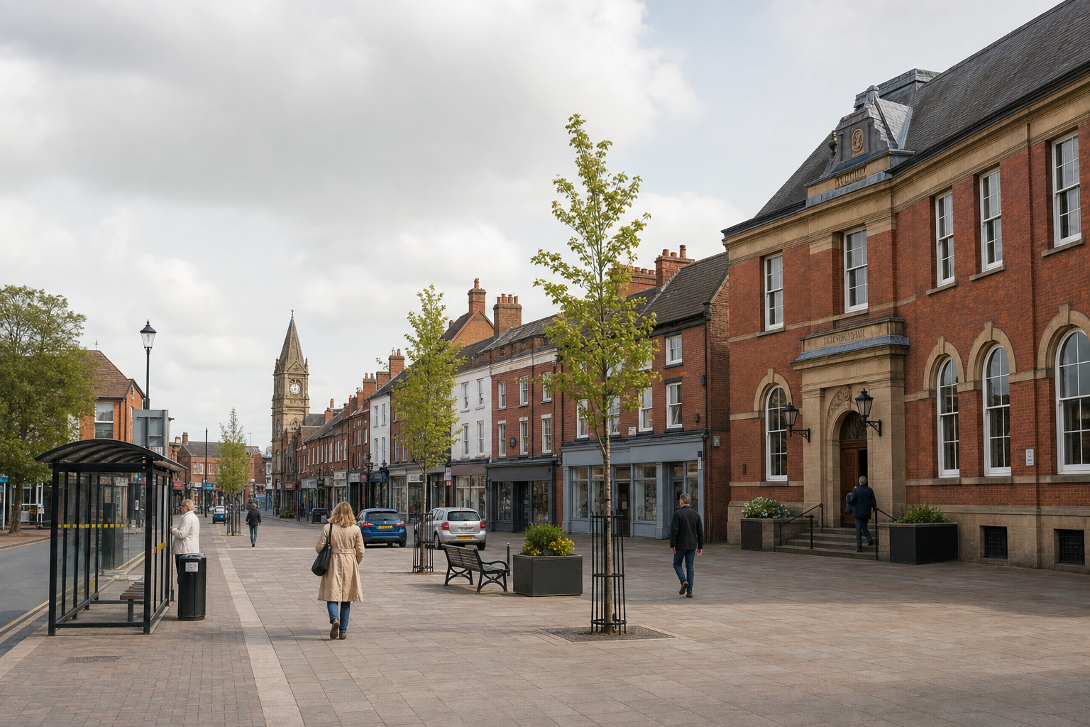 A quaint street scene features pedestrians and a clock tower in a historic British town centre.