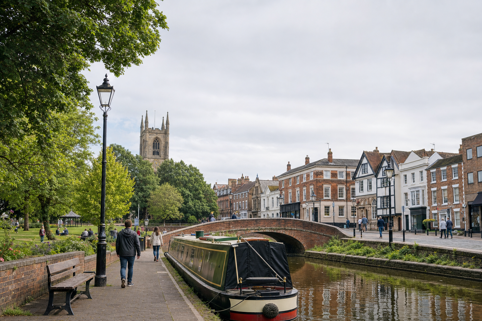 Canal boat moored on a riverside path with people walking and a church tower visible behind trees.
