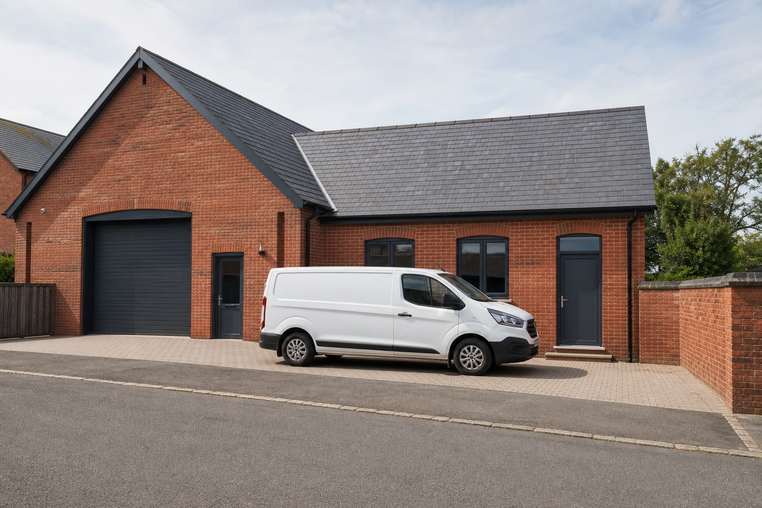 A white van parked on the driveway of a modern red brick building with grey doors and windows.