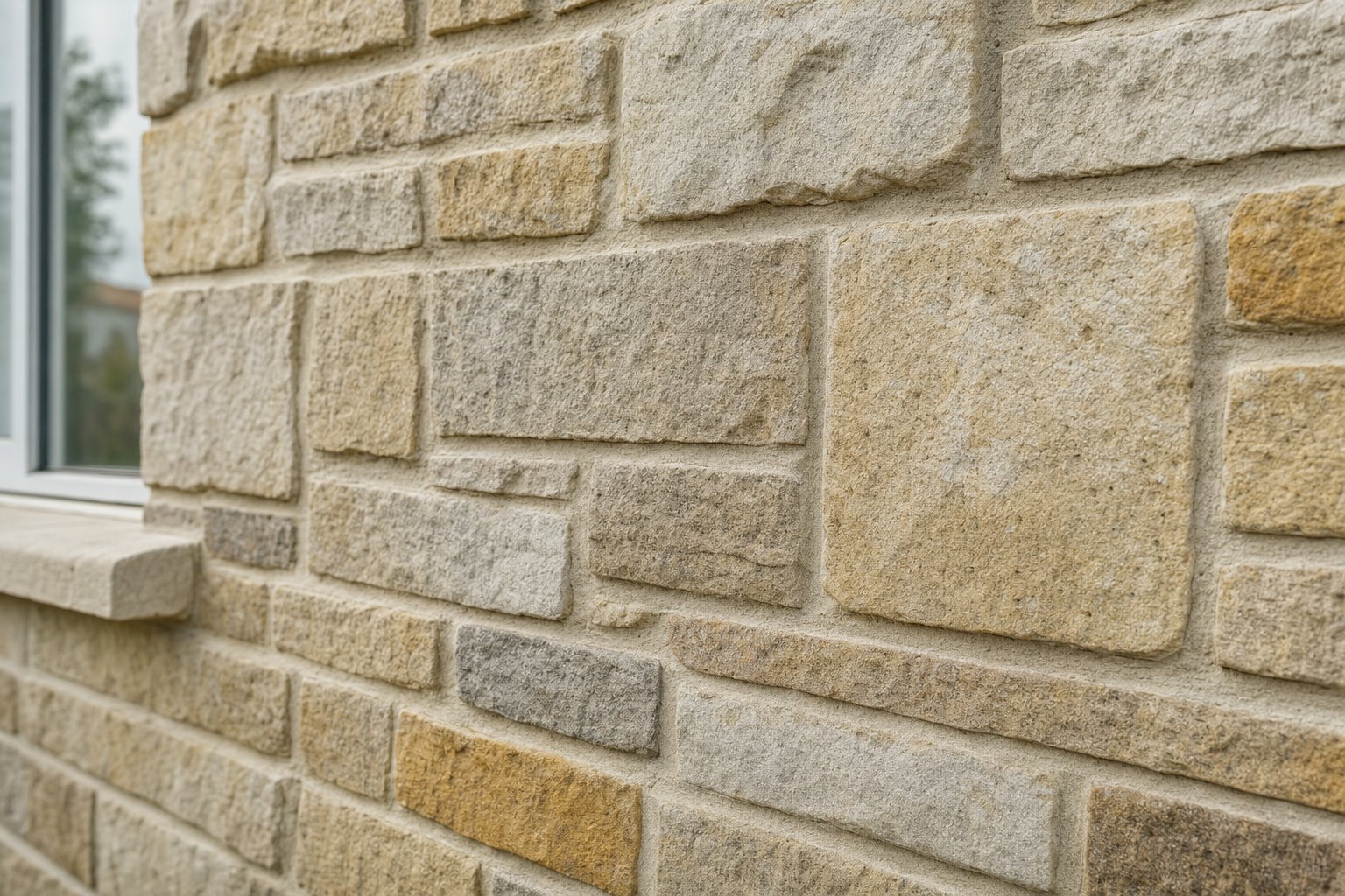 Close-up of a beige and grey stone brick wall next to a window.