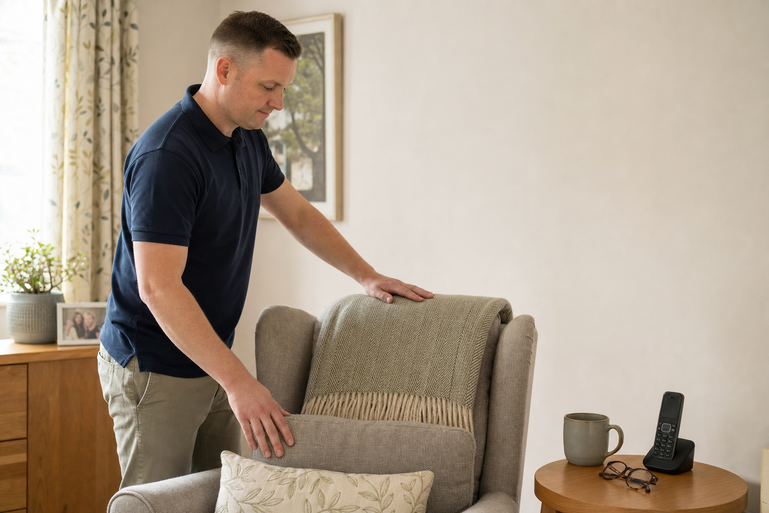 Man covers an armchair with a blanket in a cosy living room setting.