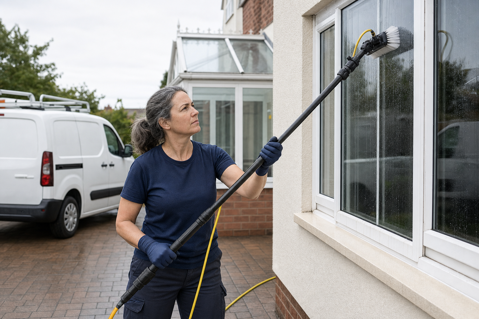 A woman wearing gloves uses a long brush to clean windows outside a house next to a parked van.