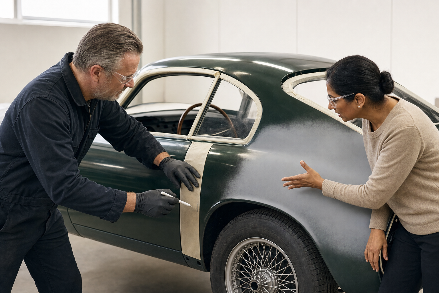 Two people discussing restoration details on a vintage car in a workshop.