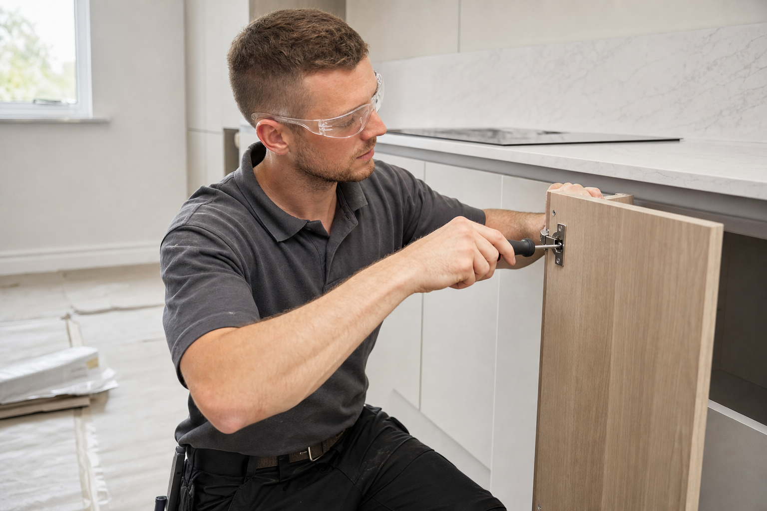 A man wearing safety glasses fixes a kitchen cabinet door with a screwdriver.