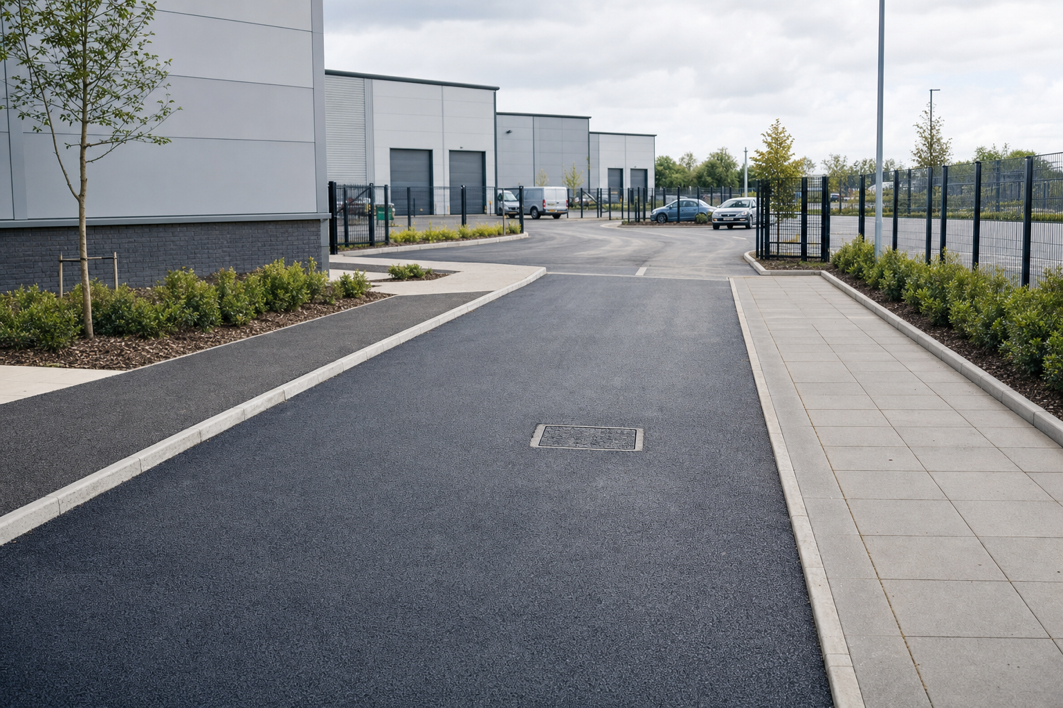 A newly paved industrial estate road with surrounding buildings and parked cars.