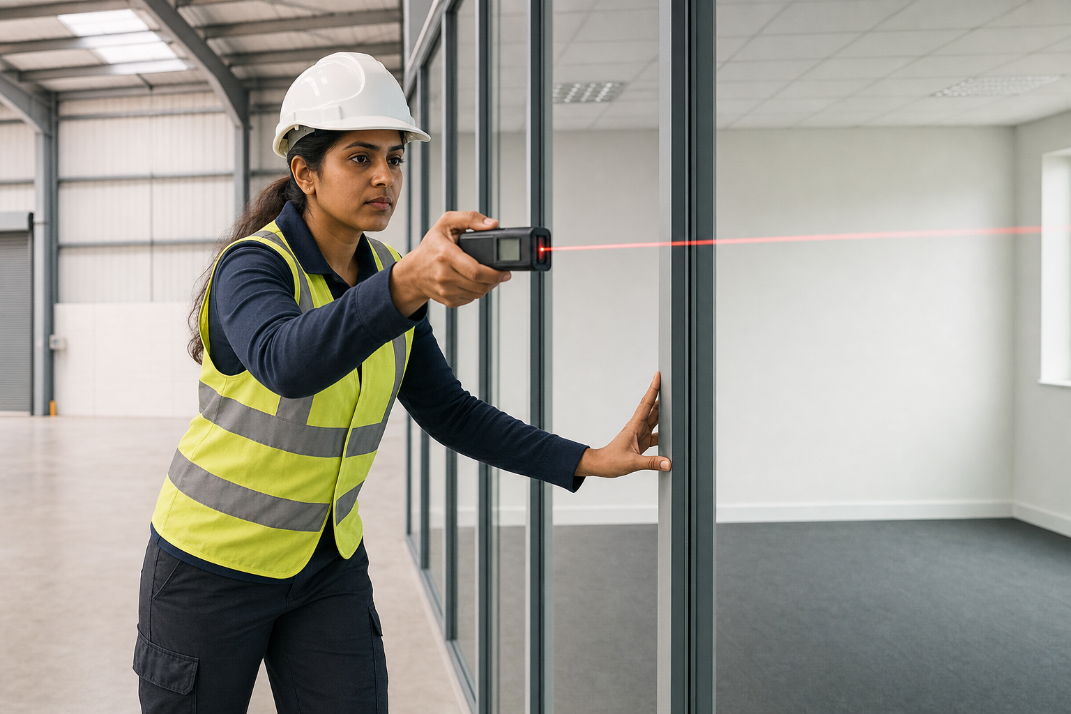 Engineer in a hard hat using a laser measuring device in an empty warehouse.