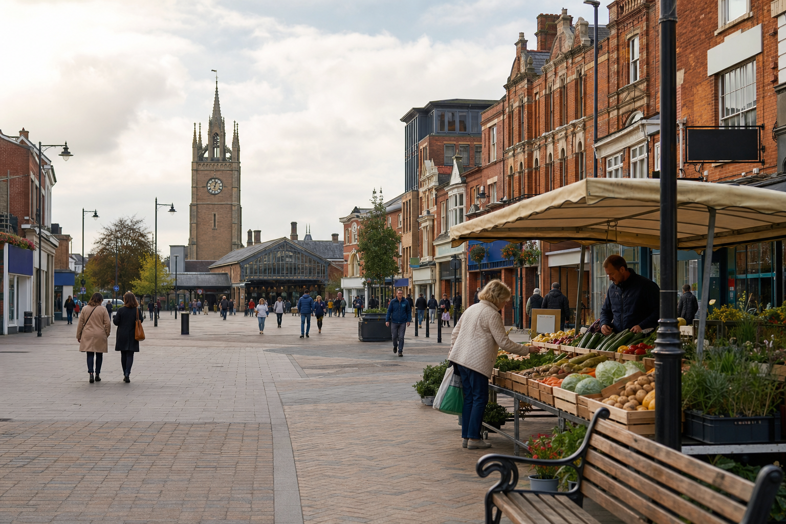 A bustling market stall lines a quaint street with a clock tower in the background as people stroll along the pavement.