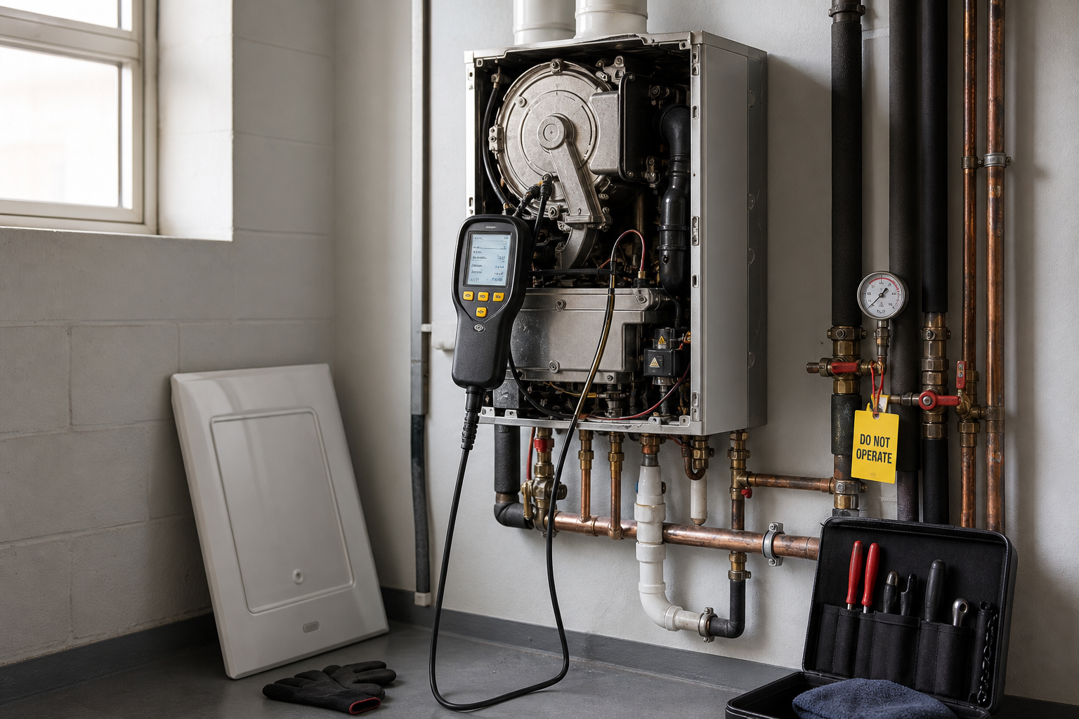 Gas boiler maintenance setup with diagnostic tool and a "Do Not Operate" sign.