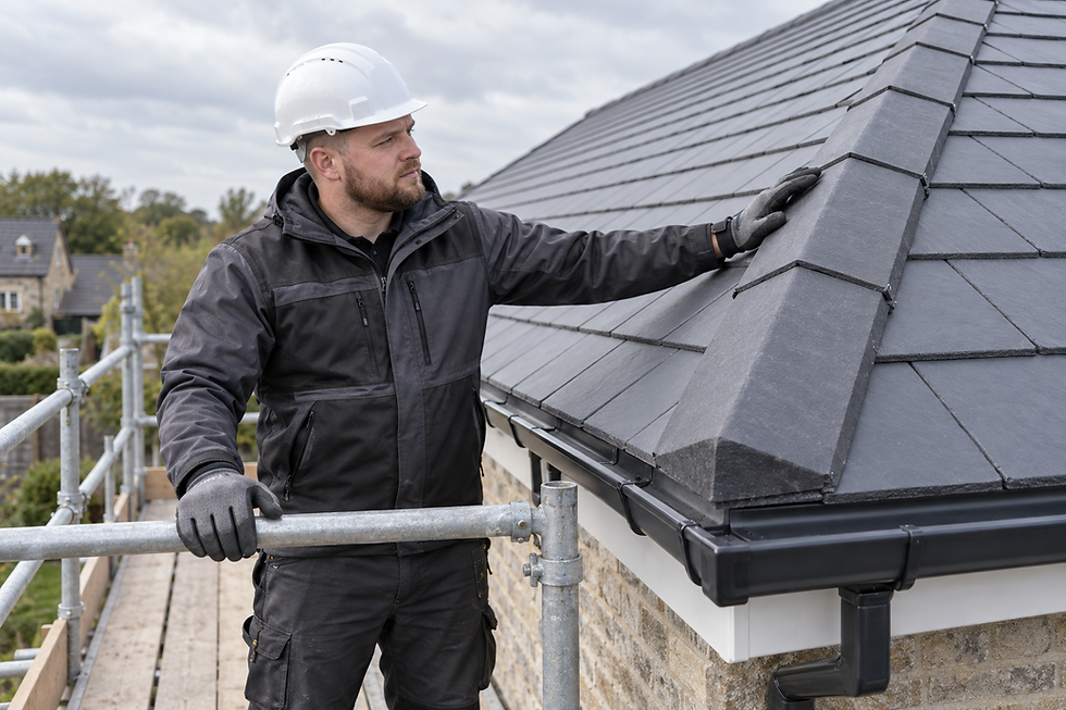Worker in protective gear inspecting a slate roof on scaffolding under a cloudy sky.