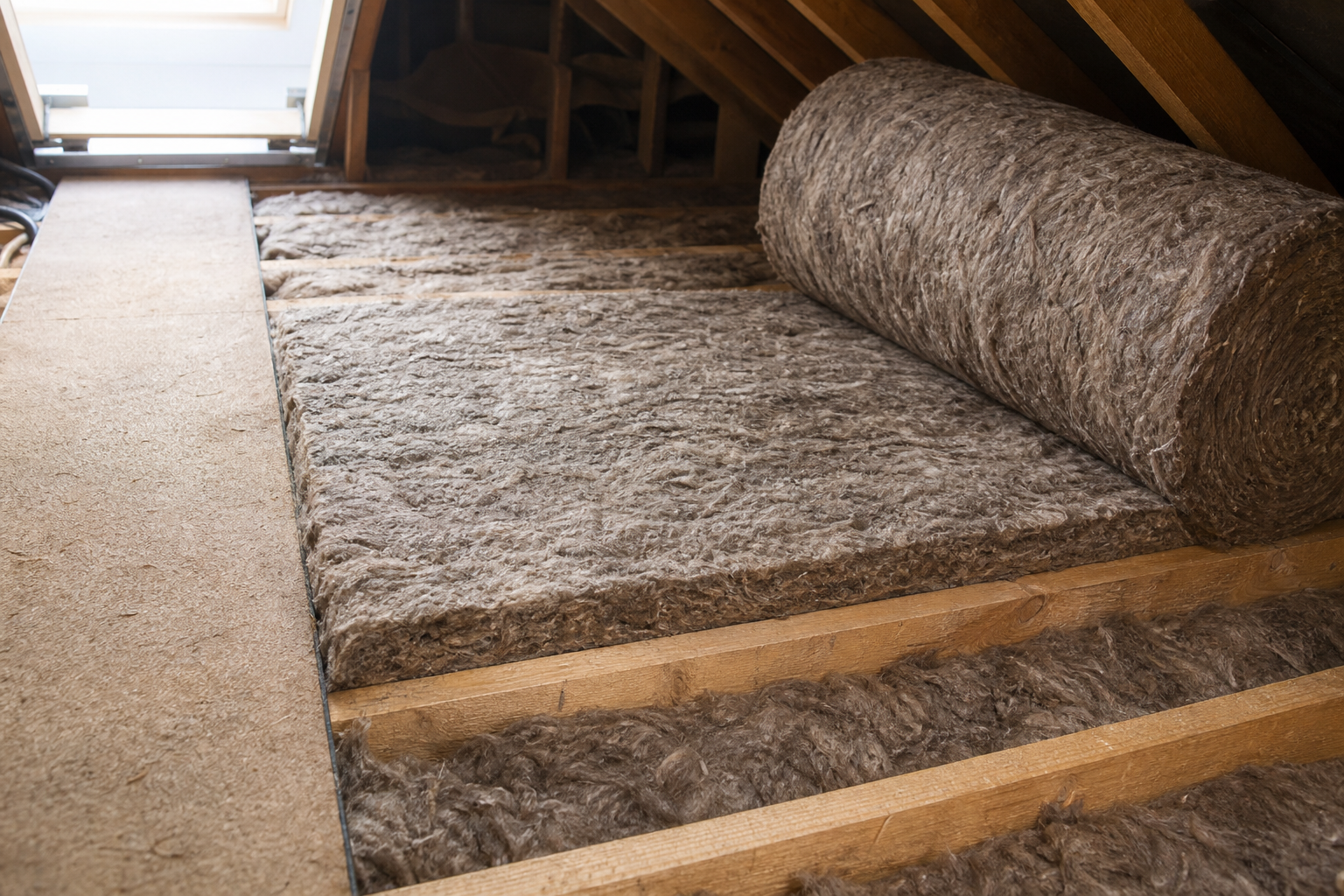 A roll of brown insulation material partially laid out in an attic with visible wooden beams and a skylight.