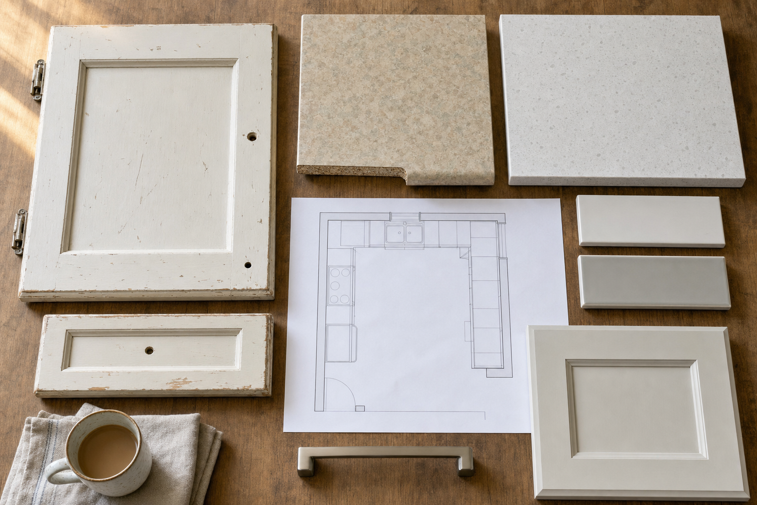Kitchen renovation materials arranged with a blueprint, including cabinet doors, worktops, and a cup of tea.