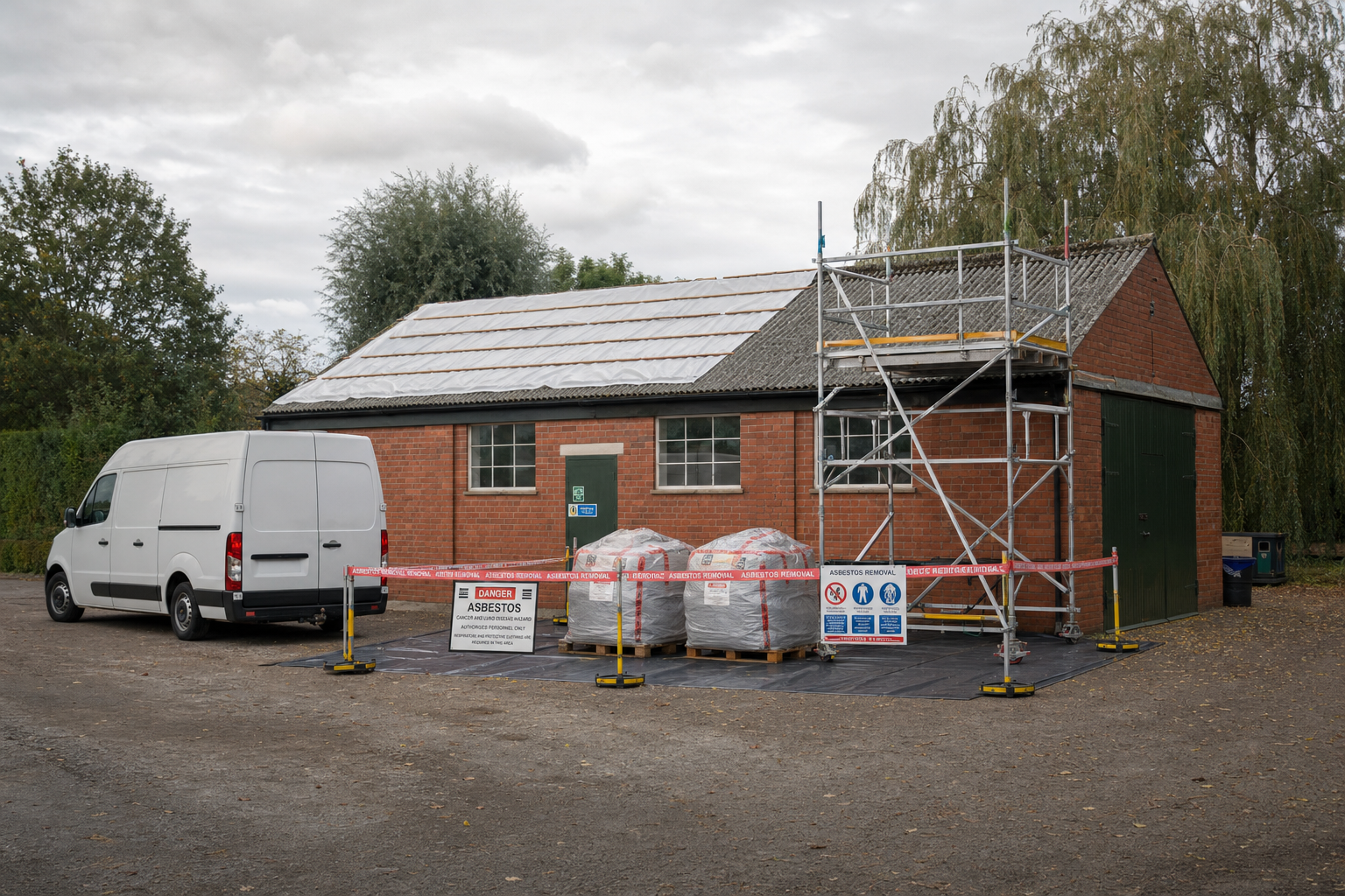 A van is parked next to a brick building with scaffolding and asbestos removal signs.