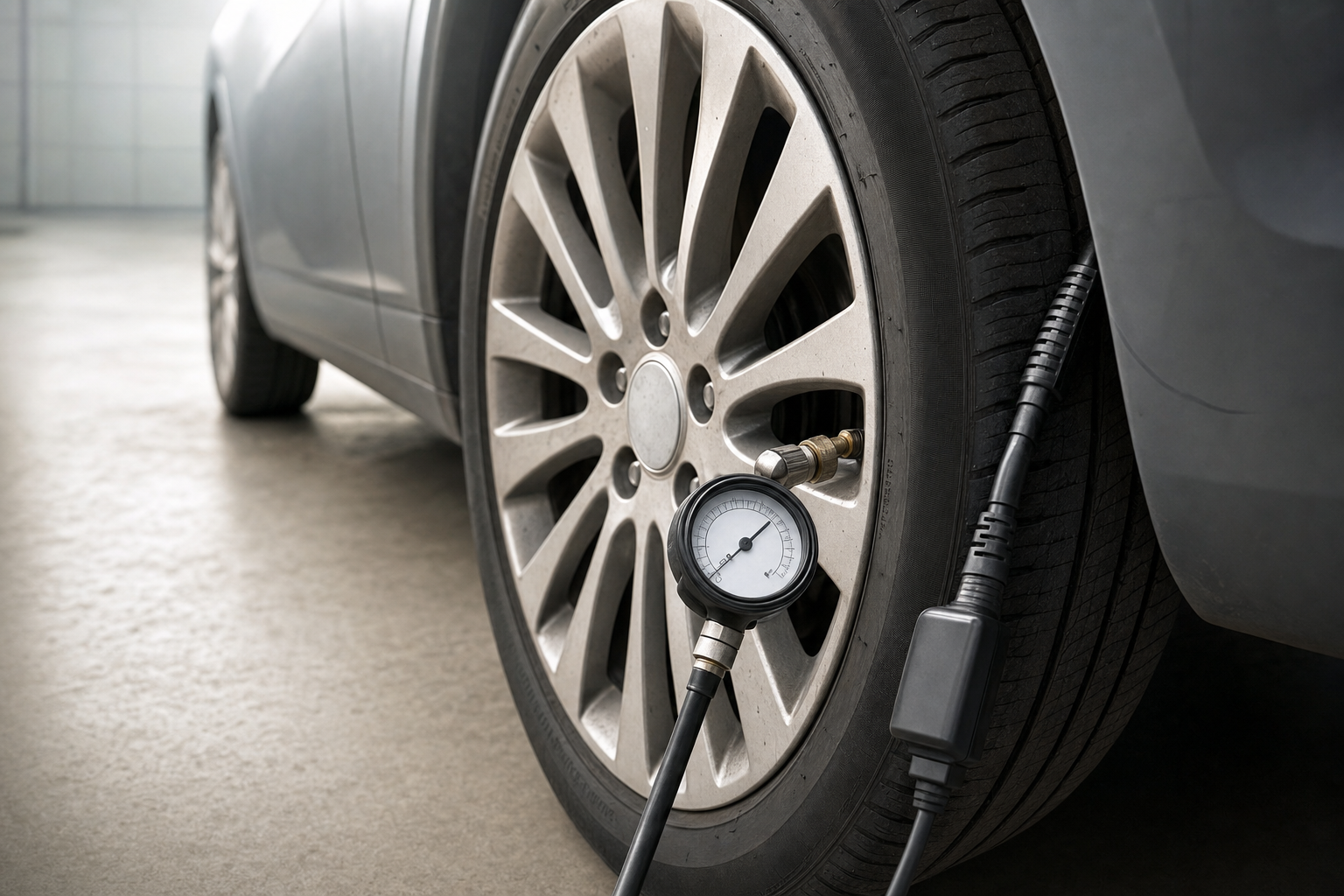 A close-up of a car tyre being inflated with a pressure gauge attached.