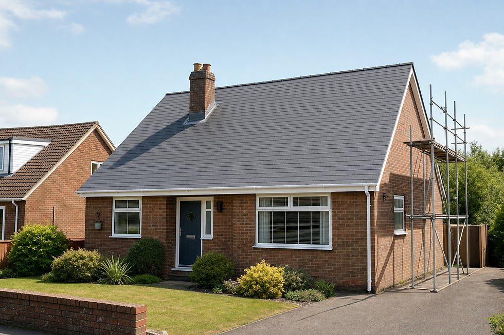 A brick bungalow with a sloped roof, surrounded by a neatly manicured garden, with scaffolding on one side.