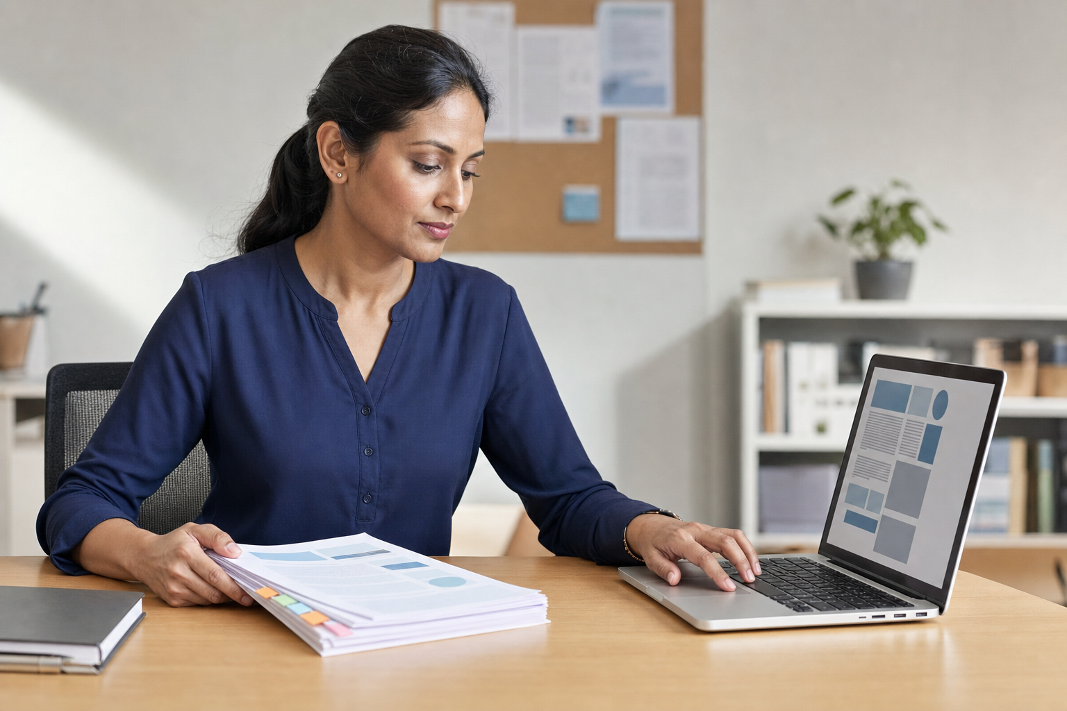 Woman in a blue blouse working at a desk, using a laptop and holding documents with colourful tabs.