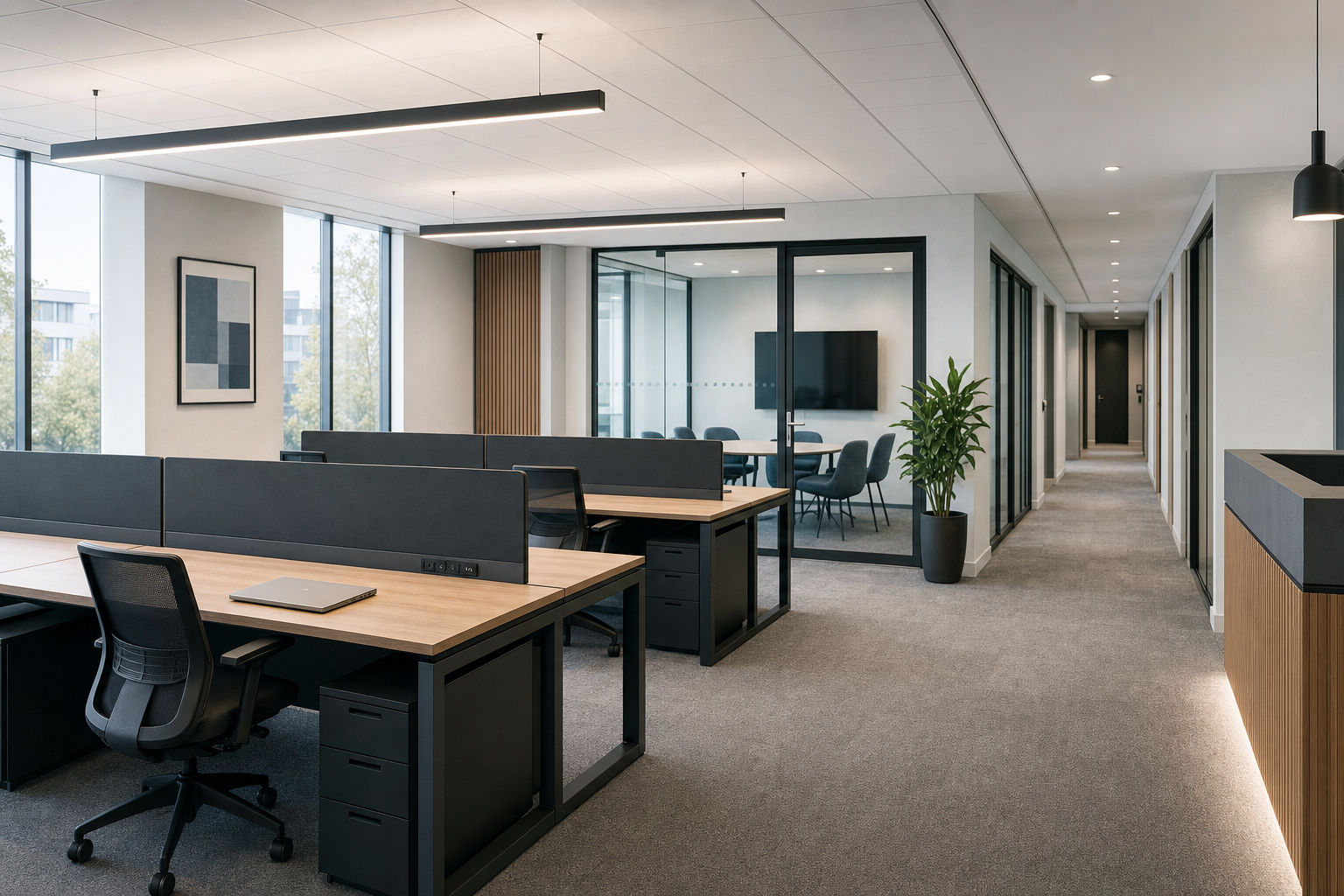 Modern office with open workstations, a conference room with glass walls, and a hallway lined with doors.