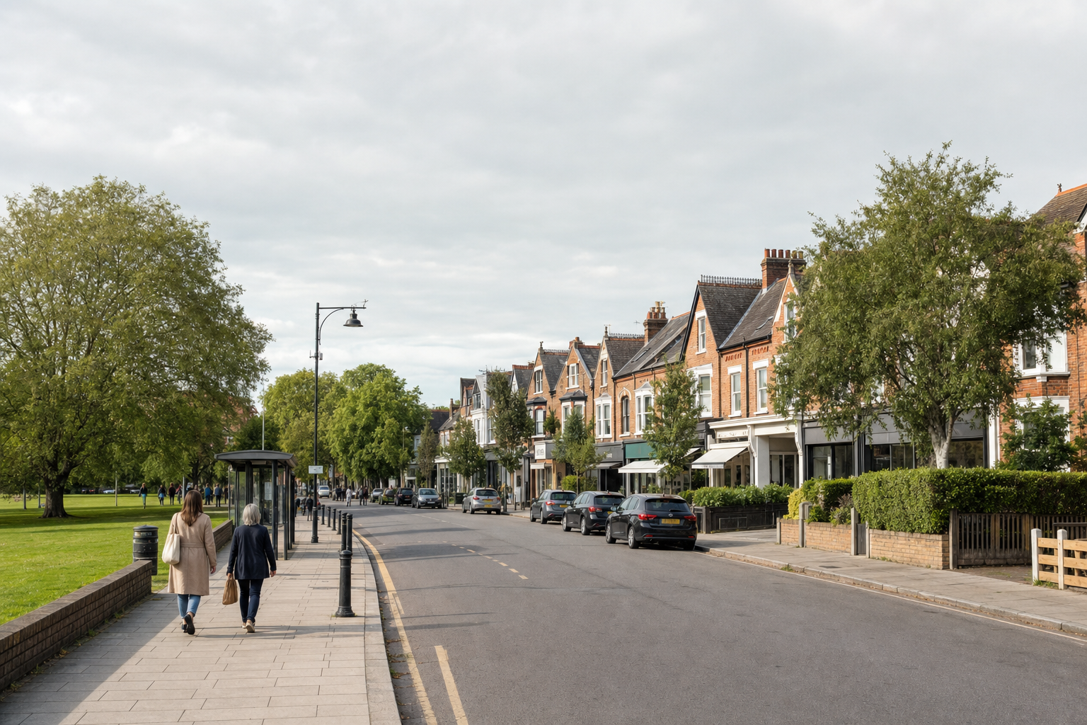A tree-lined street with red-brick houses, parked cars, and two people walking on the pavement beside a green park.