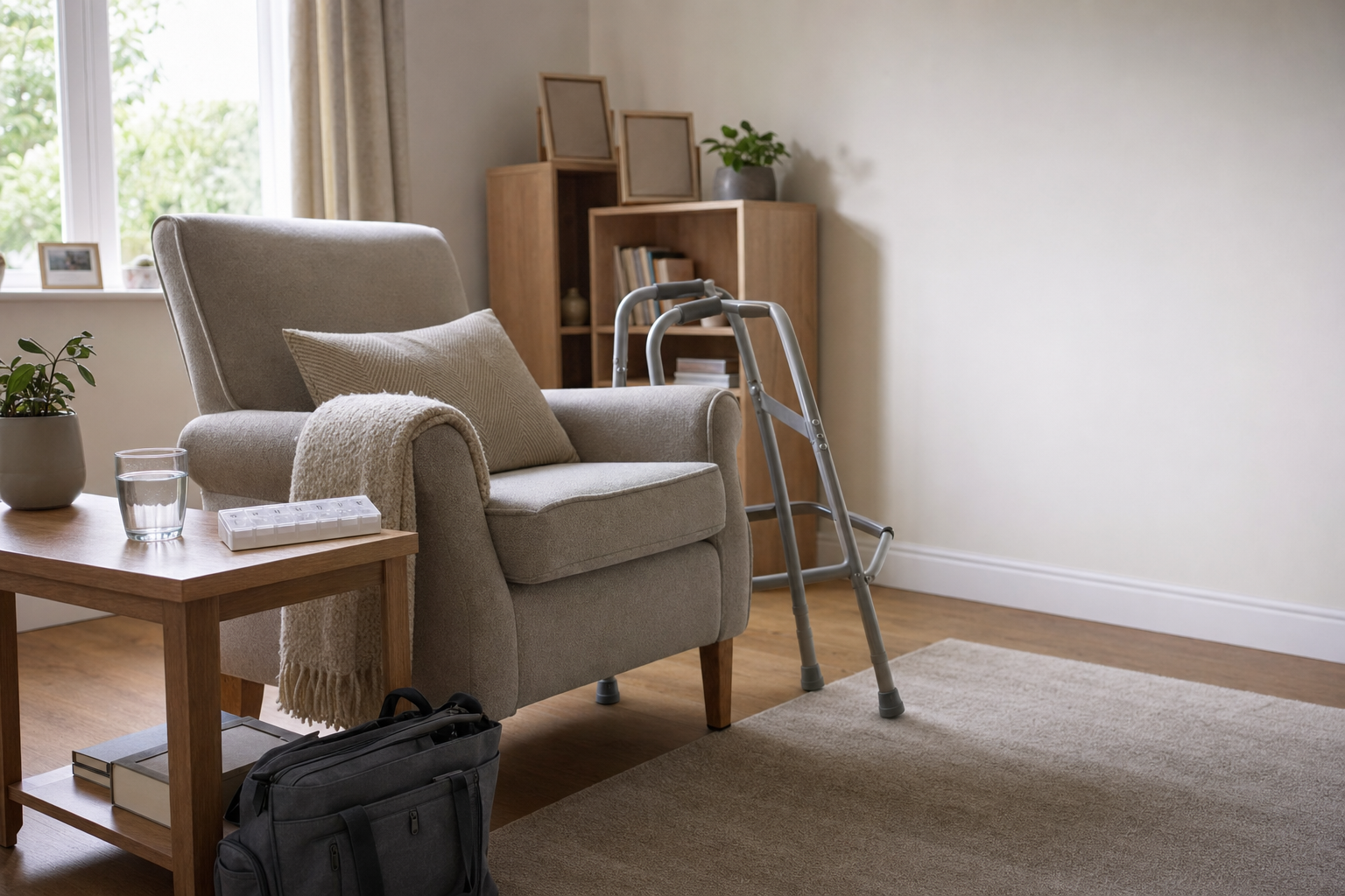 A cosy living room corner with an armchair, walker, side table, and potted plant, suggesting a comfortable, accessible space.