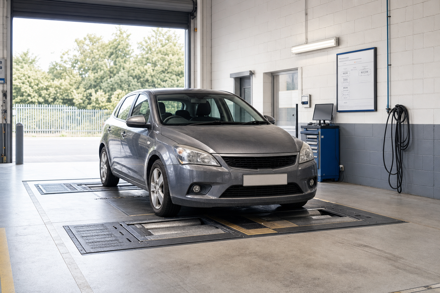 A grey hatchback car on a vehicle inspection platform inside a garage with equipment and open shutter.