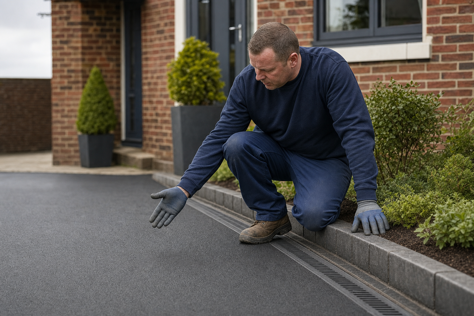 A man in work attire examines the edge of a freshly paved driveway outside a brick house.