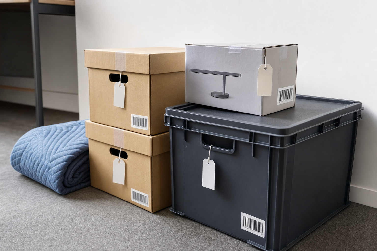 Stacked storage boxes and a folded blue blanket placed on a grey carpeted floor.