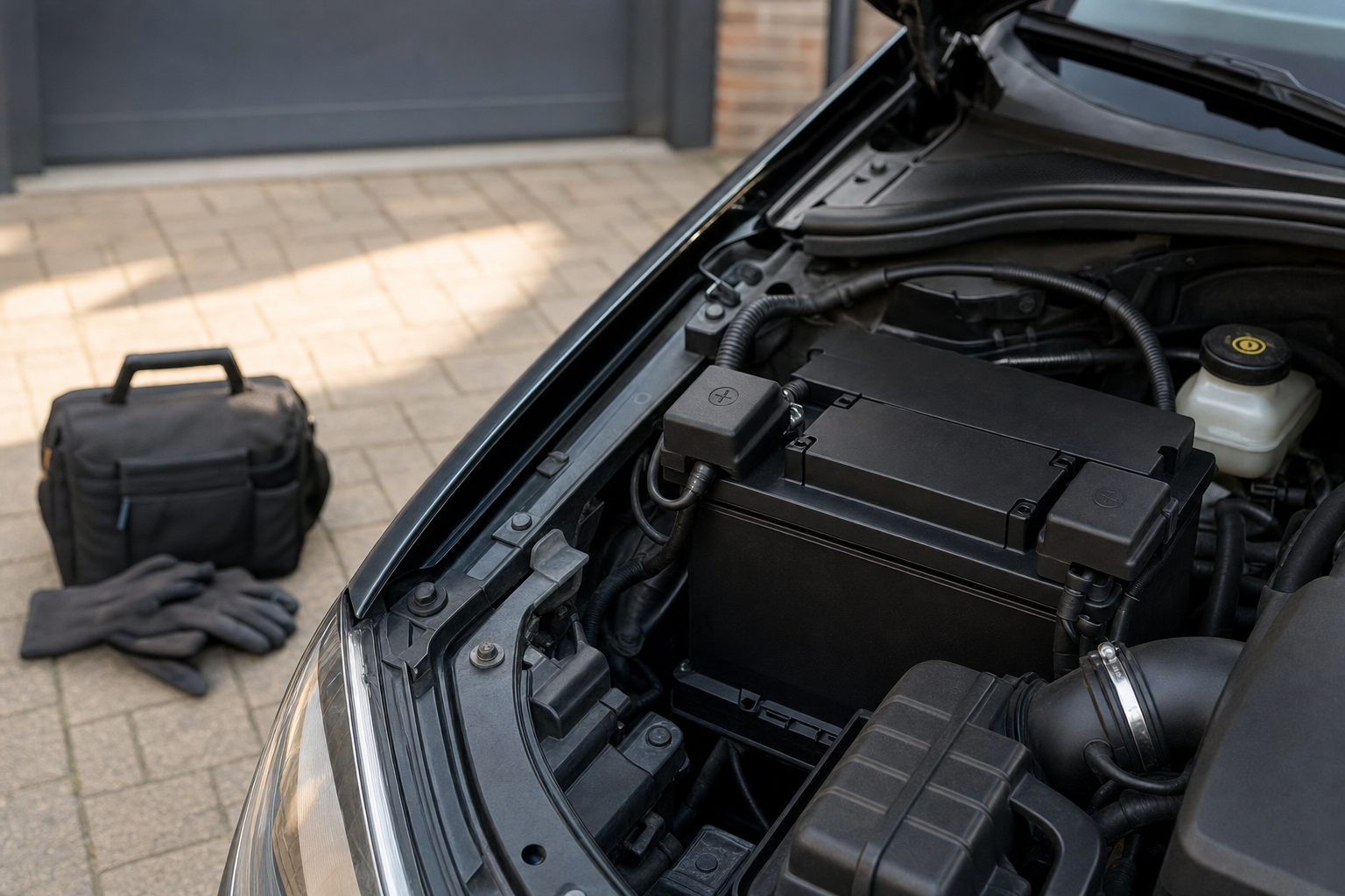 Car battery under an open bonnet with a tool bag and gloves on the ground nearby.