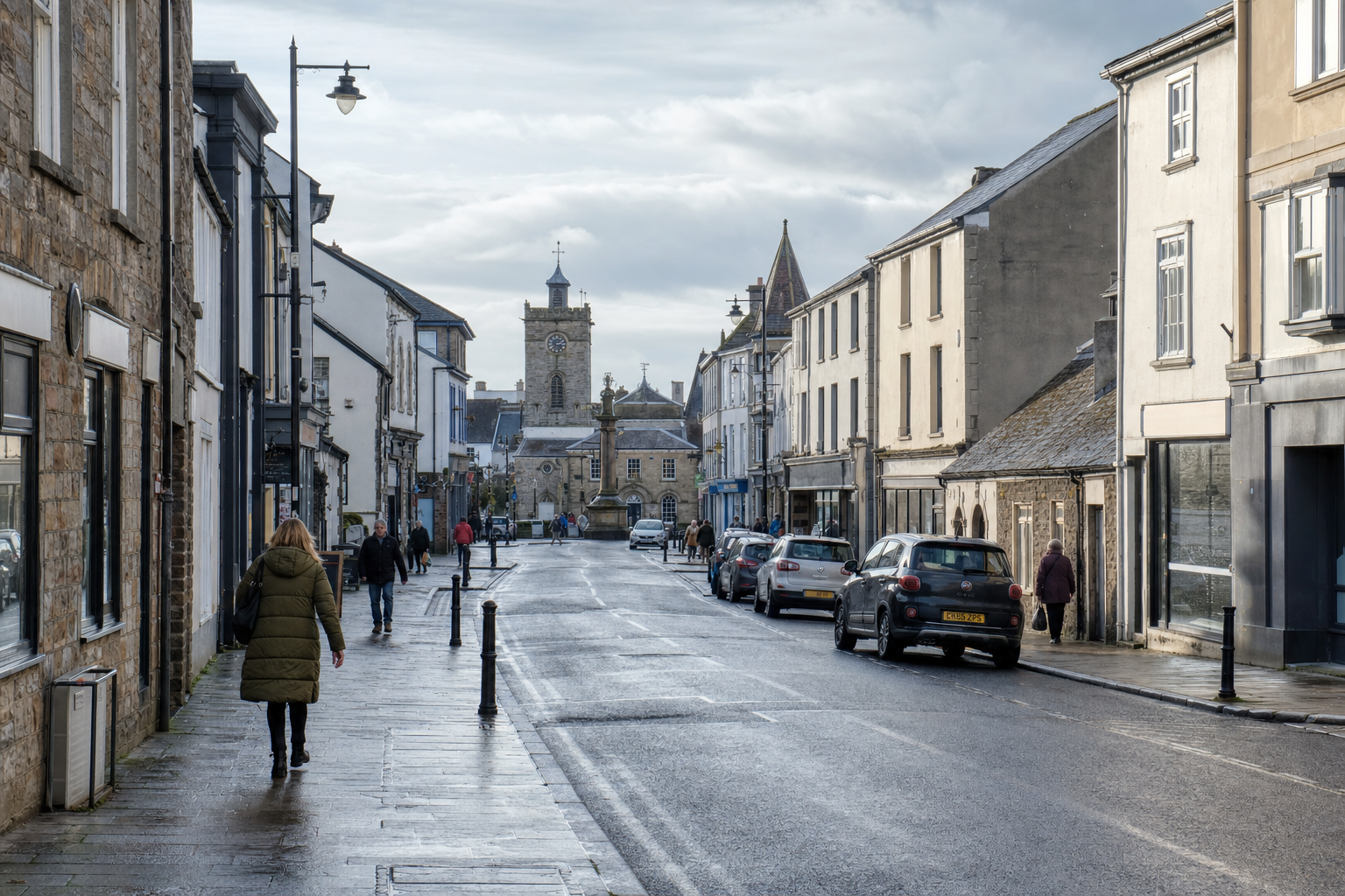A quiet, slightly wet street in a British town, with people walking and historic buildings in the background.