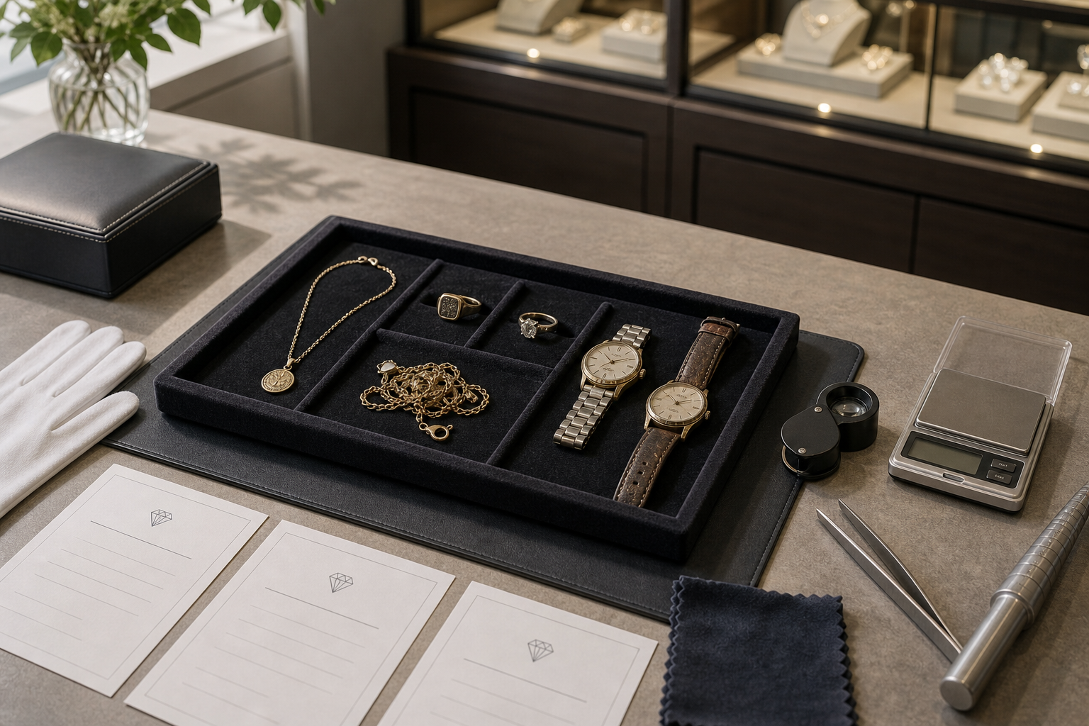 Jewelry and watches displayed in a tray on a table with measuring tools and gloves nearby.