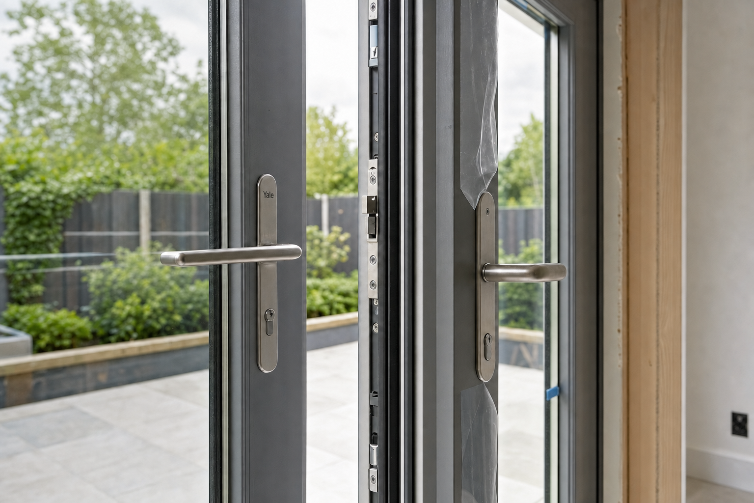 Modern grey patio doors slightly open, revealing a garden view outside.