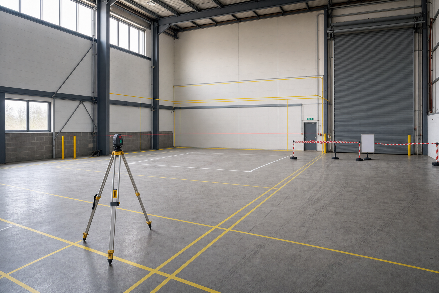 A spacious, empty warehouse interior with marked floors and a tripod-mounted laser level in the foreground.