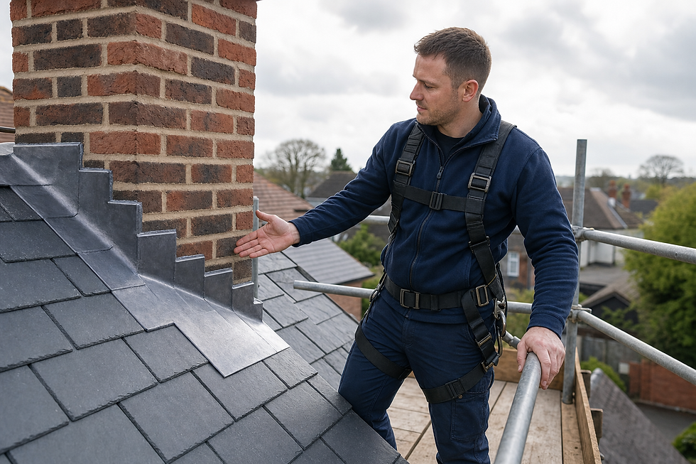 A man in a safety harness inspects the flashing of a roof chimney on scaffolding.