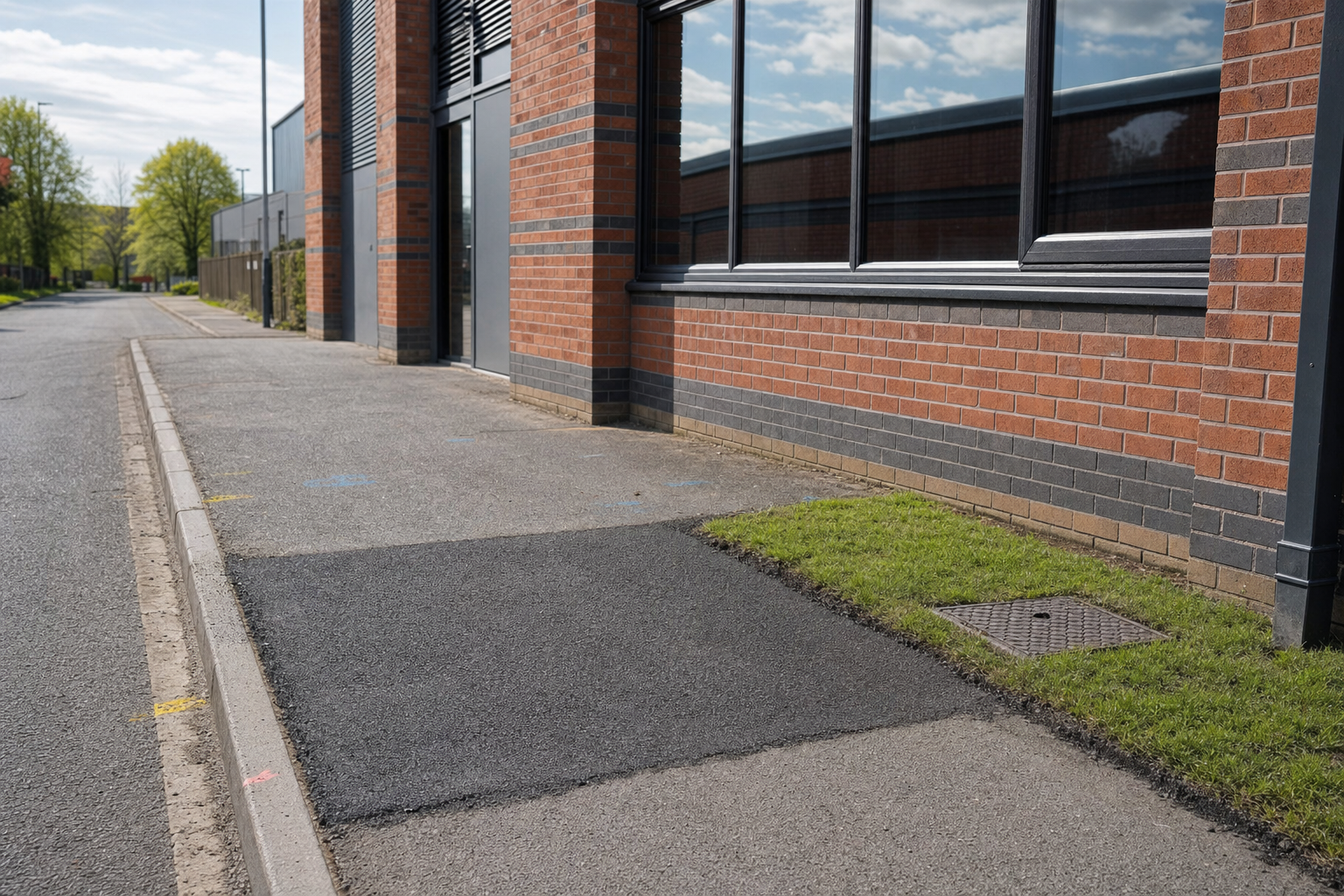 Brick building along a quiet street with a patch of grass and a fresh asphalt repair on the pavement.