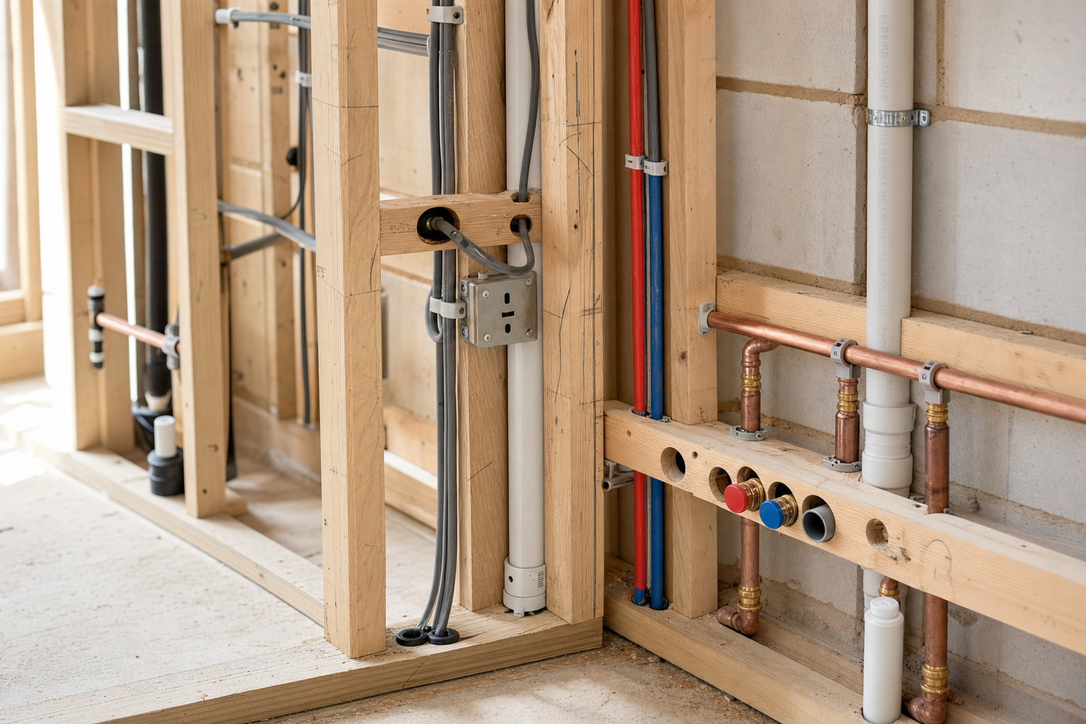 Exposed wooden framing and plumbing with copper pipes and wiring in a building under construction.