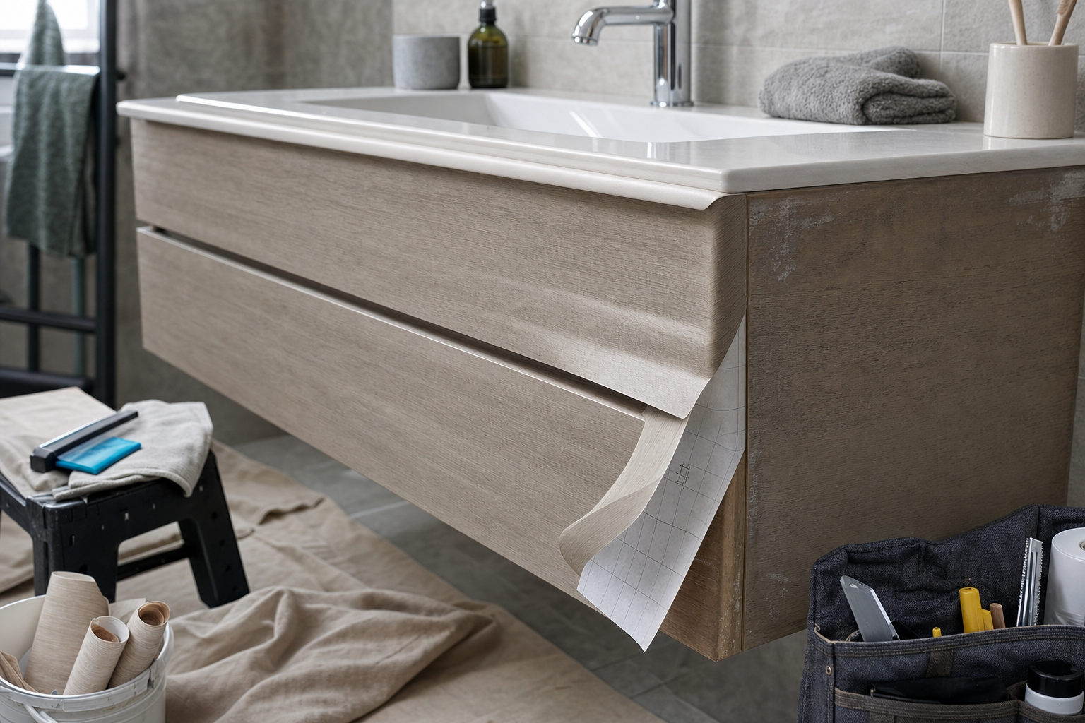 A bathroom vanity being covered with adhesive paper, surrounded by tools and fabric for a renovation project.