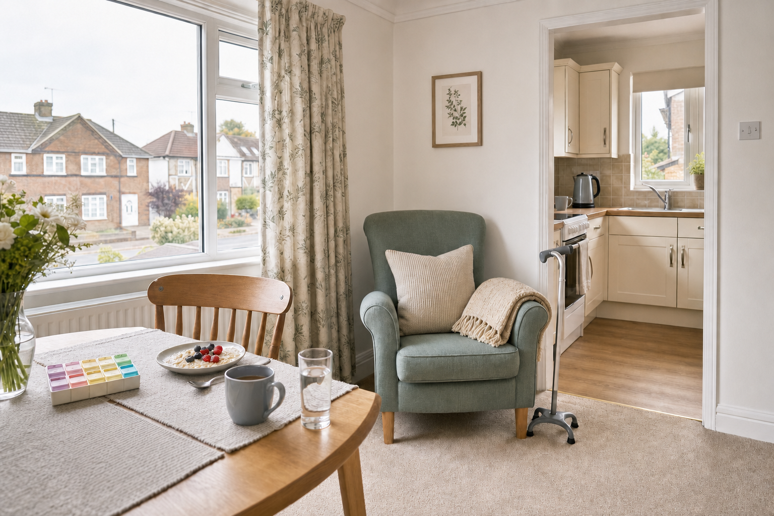 Cosy living room with a green armchair, walking stick, and view into a small kitchen, beside a table set for breakfast.