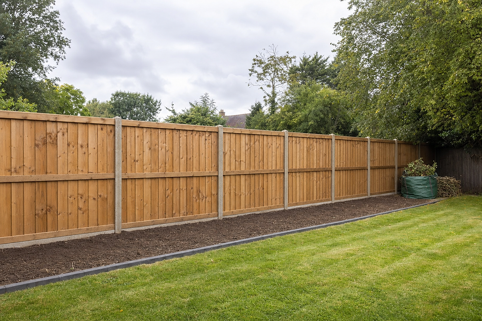 A long wooden fence borders a garden with freshly tilled soil and a neatly maintained lawn.