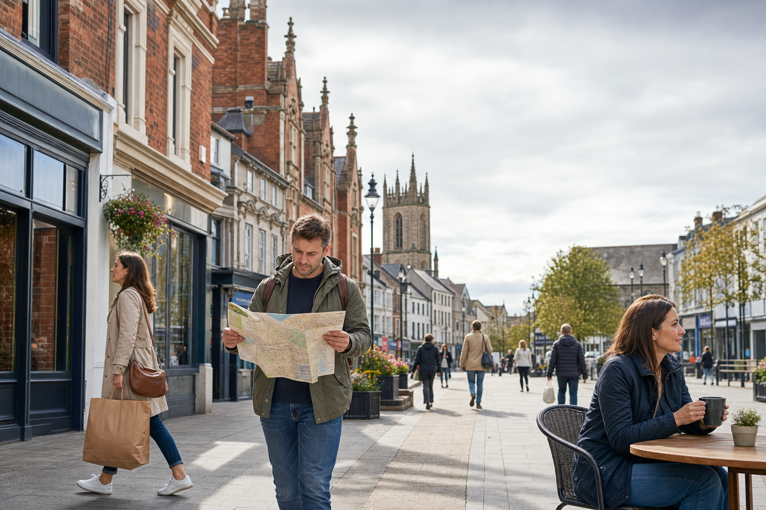 Man reading a map on a bustling street with a cathedral in the background, while a woman sits at an outdoor café.