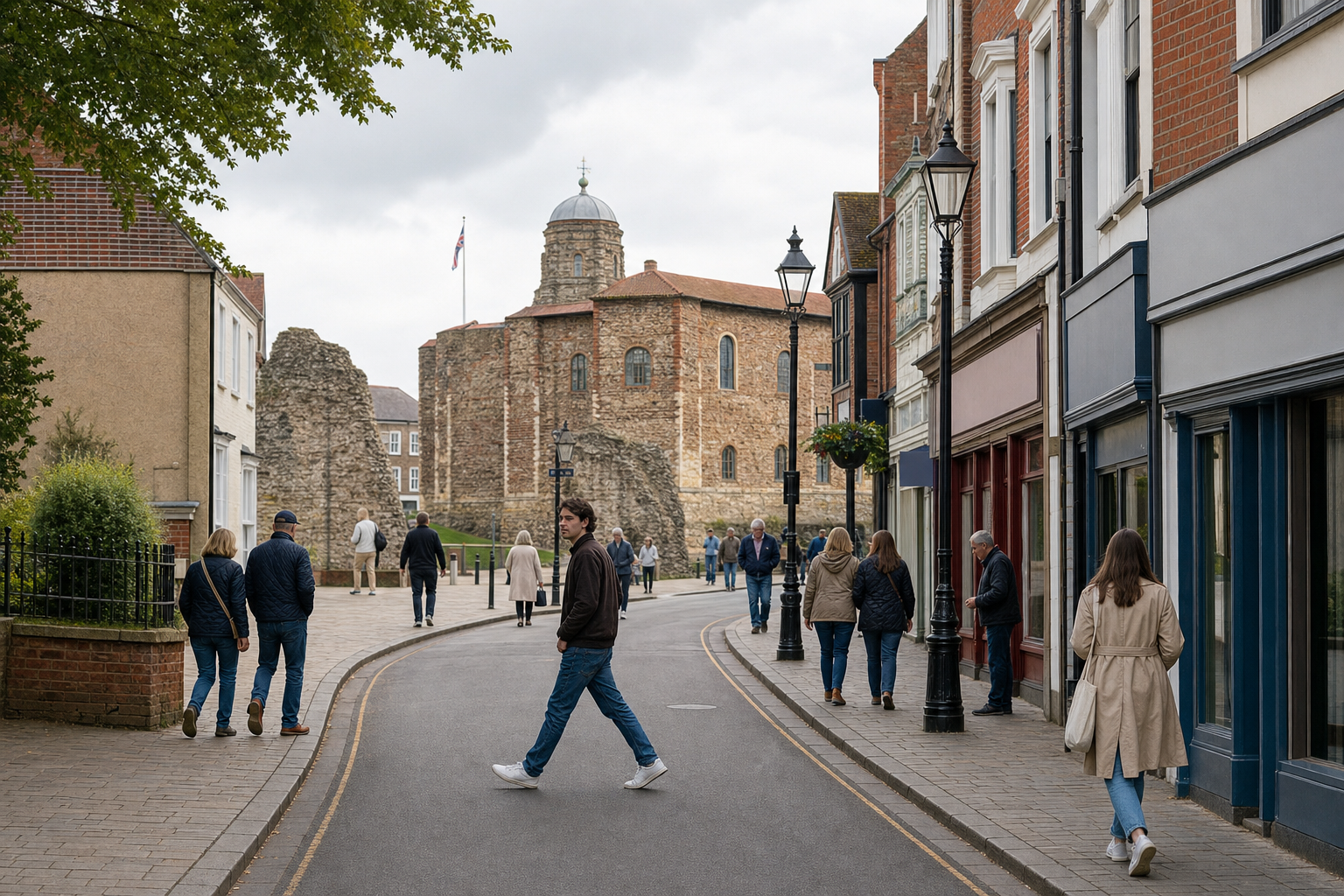 People walking along a narrow street with historic buildings in the background on a cloudy day.