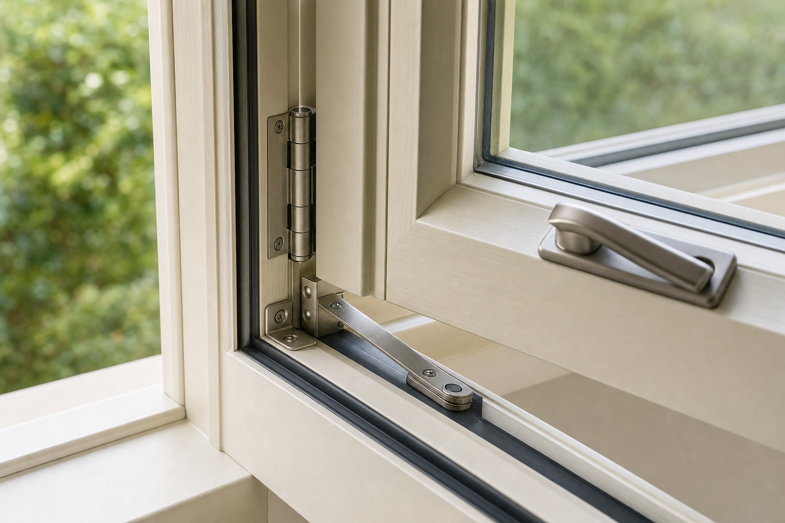 An open window with a metal hinge and handle against a blurred green background.