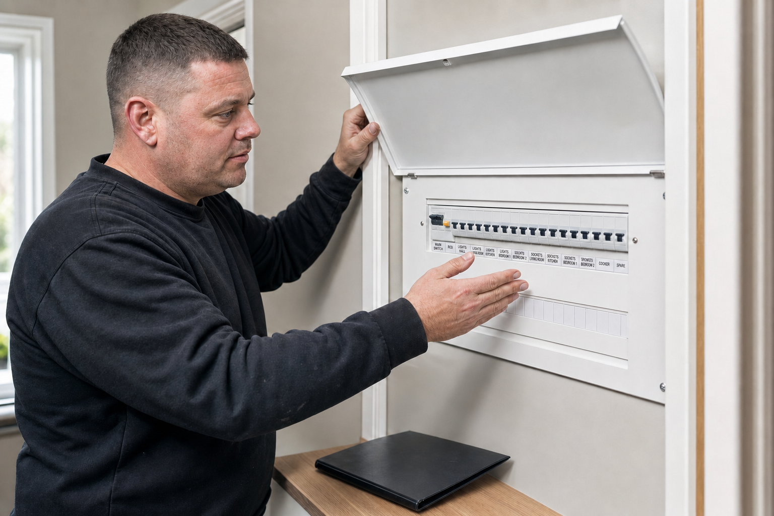 Man inspecting a residential electrical circuit breaker panel in a house.