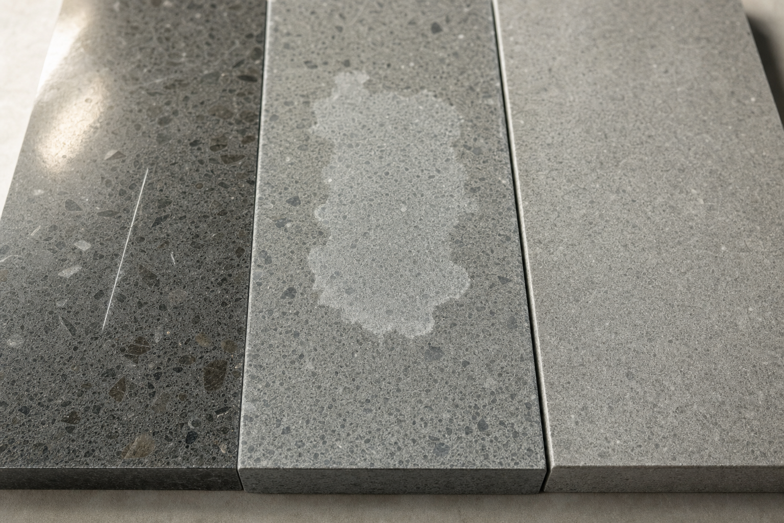 Three grey stone tiles with varying tones and textures are displayed side by side.