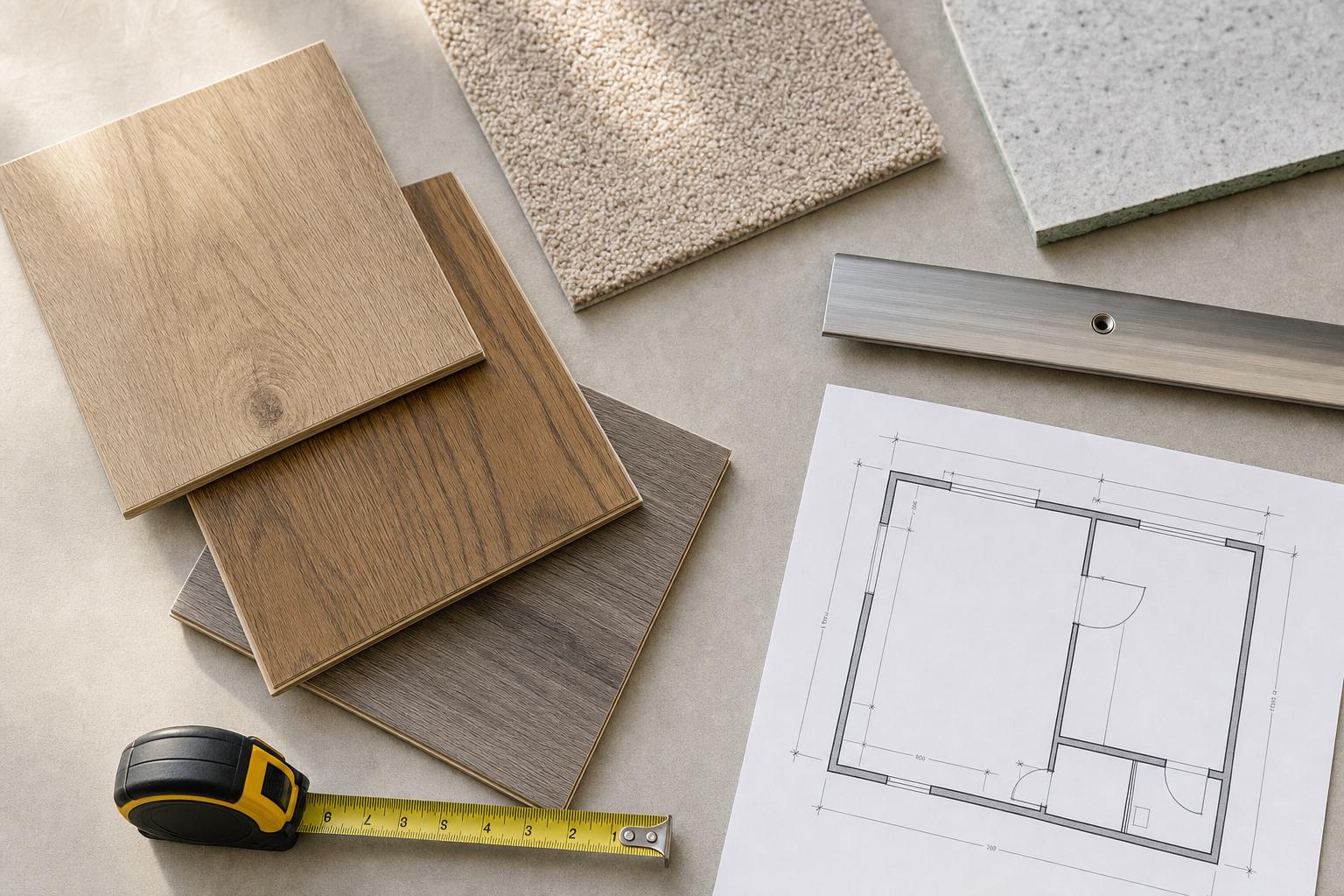 Wooden flooring samples, carpet, steel ruler, tape measure, and house plan placed on a table.