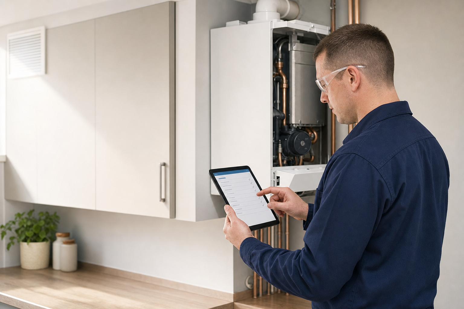 Technician in a blue uniform uses a tablet to inspect a boiler in a modern kitchen.