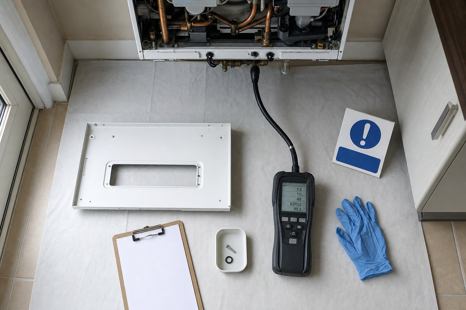 A boiler servicing setup with tools, a gas analyser, gloves, and a caution sign laid out on a protective sheet.