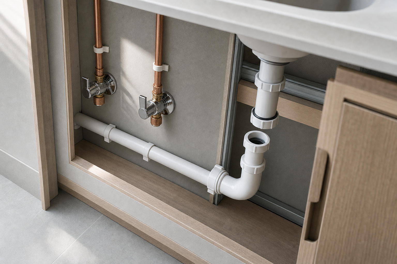Exposed plumbing under a sink with copper pipes and white plastic fittings in a wooden cabinet.
