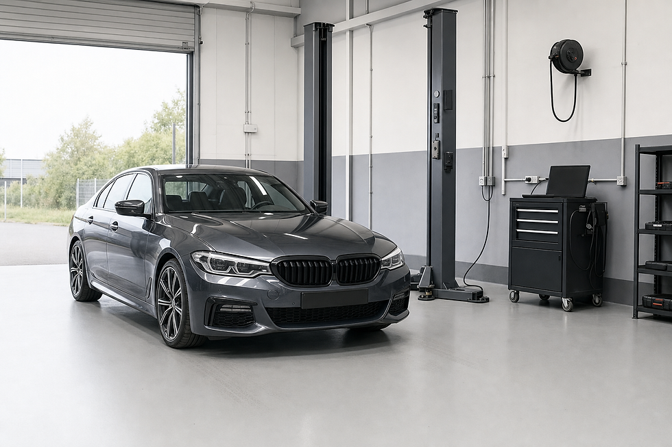 A sleek grey saloon car is parked in a modern, well-lit garage with tools and equipment.